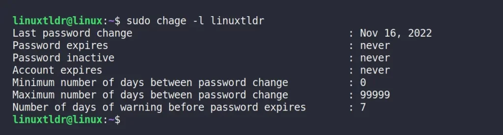 Checking user password information using chage command
