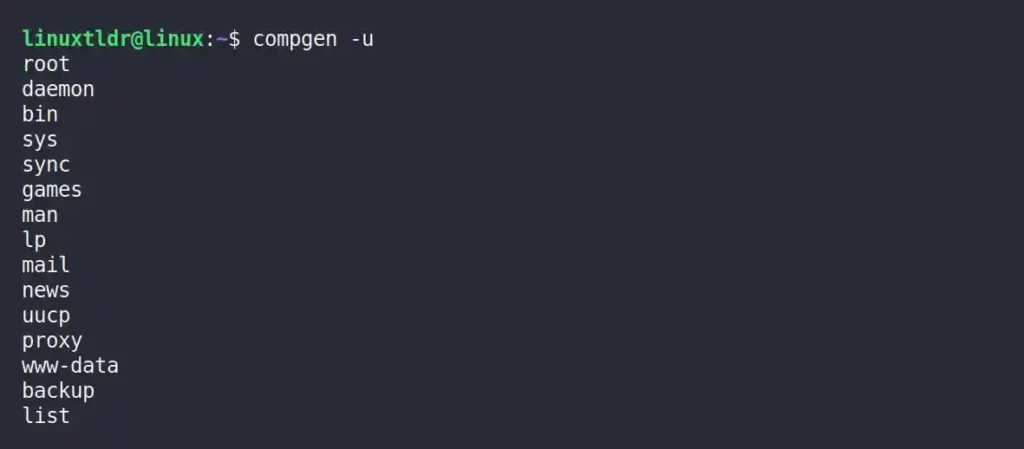 Displaying the list of usernames using the compgen command