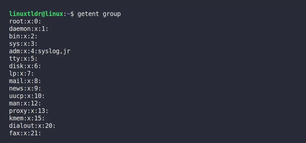 Listing all groups using getent command