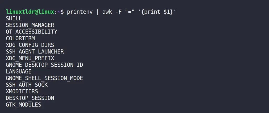 Listing only env variables keys using printenv command