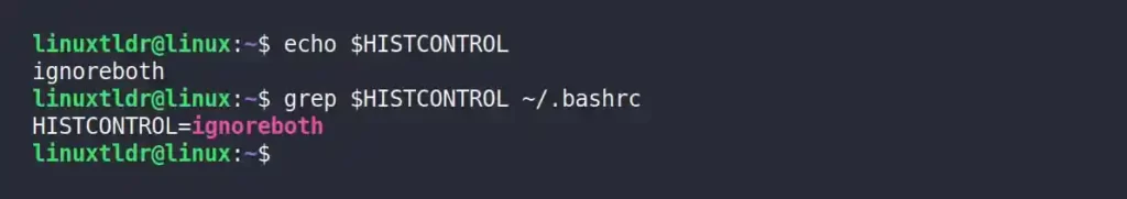 Checking the value of the "HISTCONTROL" variable