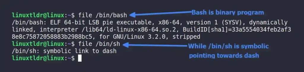 Comparing the file types of bash and sh