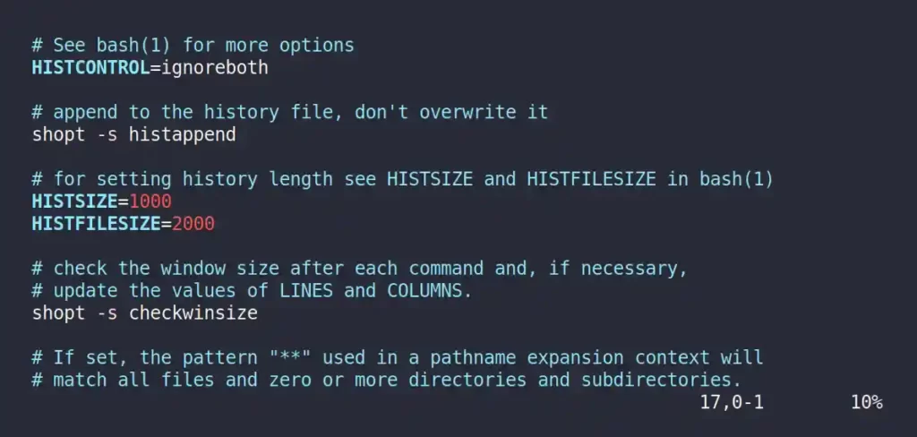 History setting in the shell configuration file