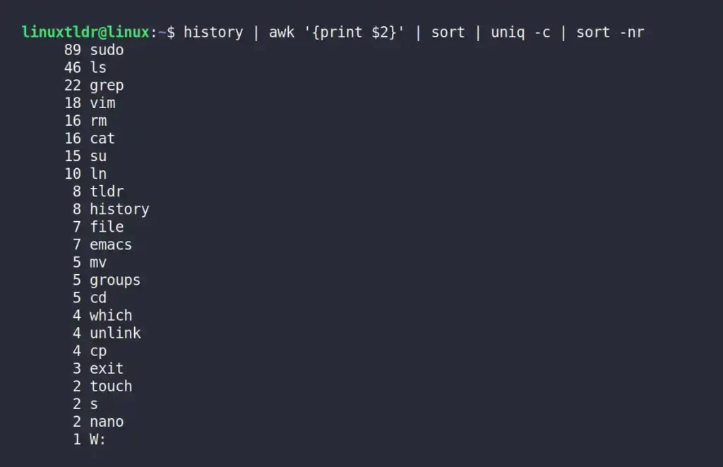 Listing all the most executed commands in my Linux box without any filter