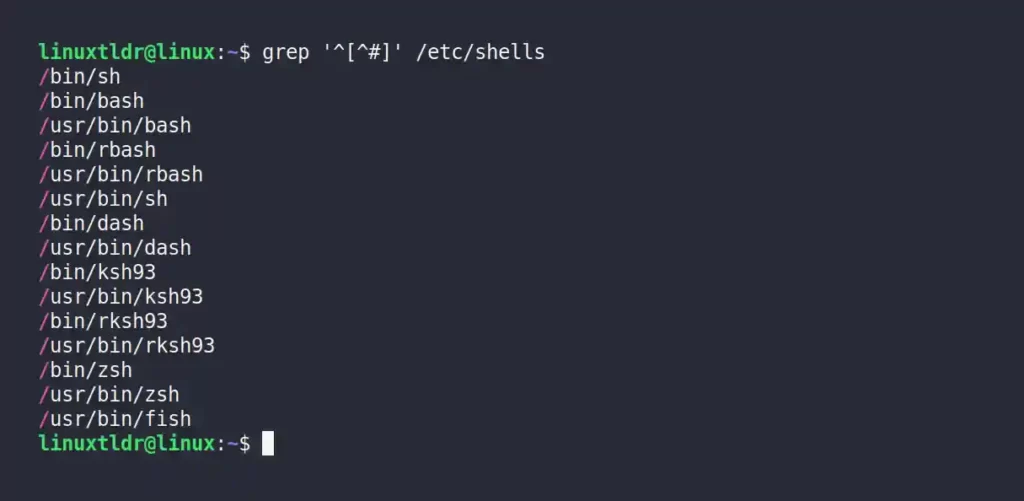 Listing available shells using the grep command