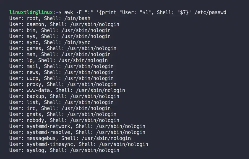 Listing the default login shell for all users