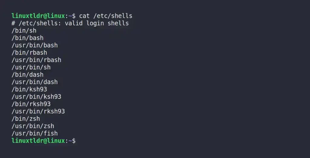 Listing the available shells using the cat command