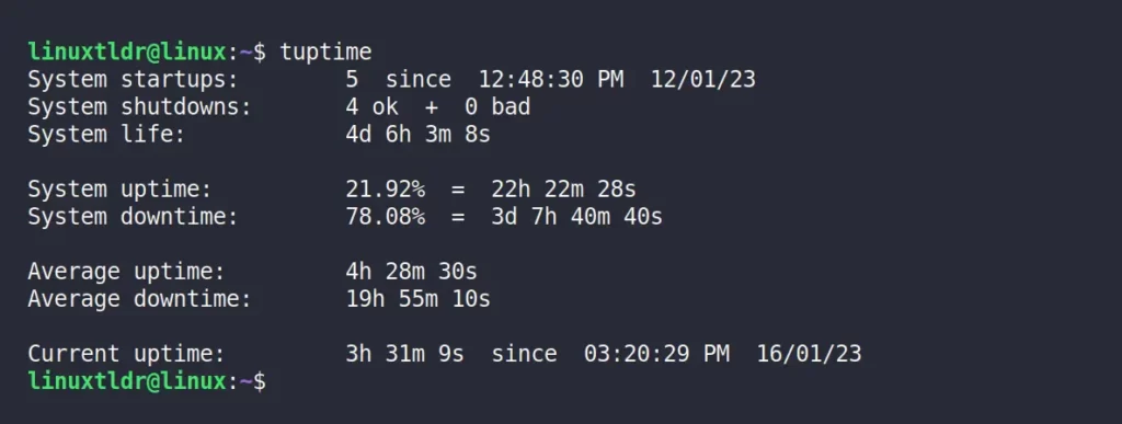 Output of the tuptime command without option