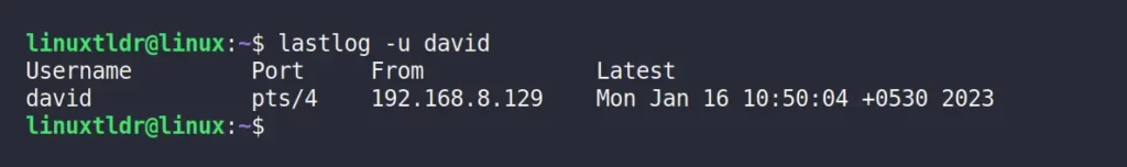 Recent login timestamp for a specific user