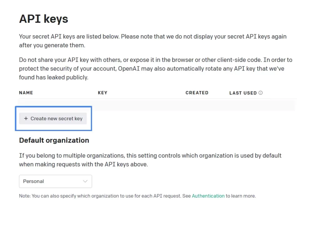 Creating a new API key on OpenAI