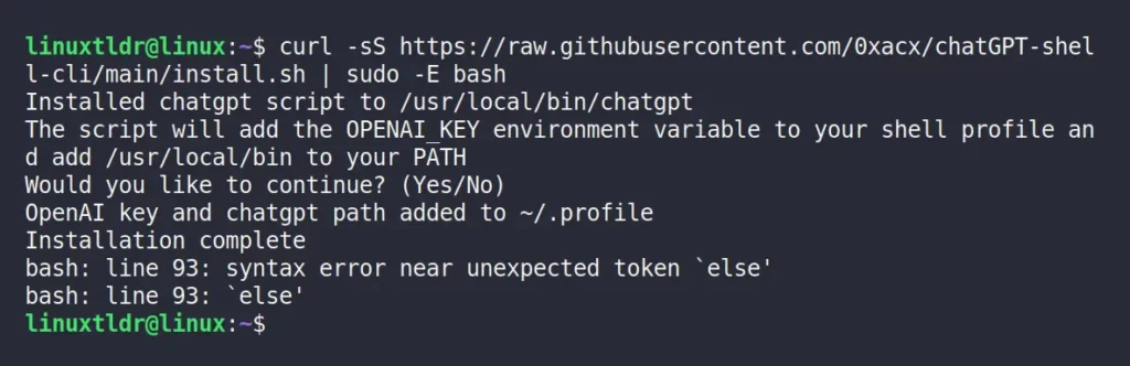 Error while installing "chatGPT-shell-cli" via Curl