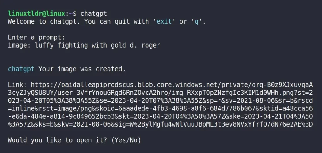 Generating an image of “Luffy fighting to Gold D. Roger” in ChatGPT CLI Prompt