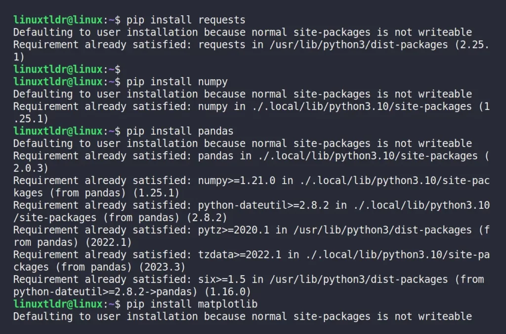 Installing NumPy, Pandas, Matplotlib, and Requests libraries in Python