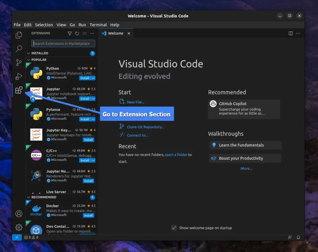 Navigating to the VSCode extension section