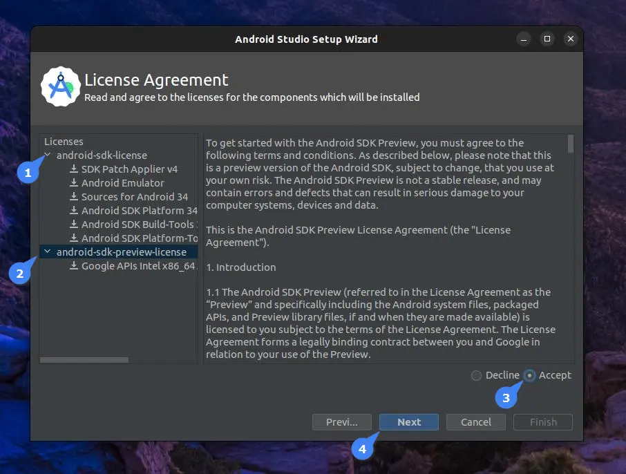 Accepting the Android Studio License Agreement