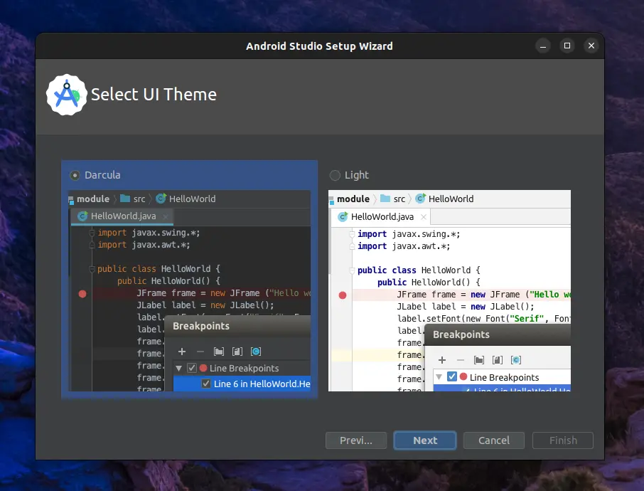 Choosing the Android Studio UI theme