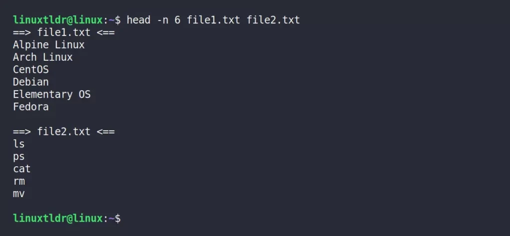 Displaying the first six lines from two different files