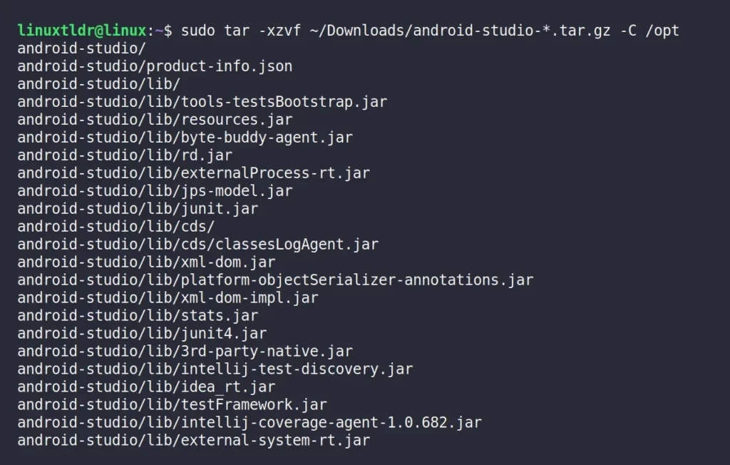 Extracting the contents of the Android Studio archive tarball to the “/opt” directory