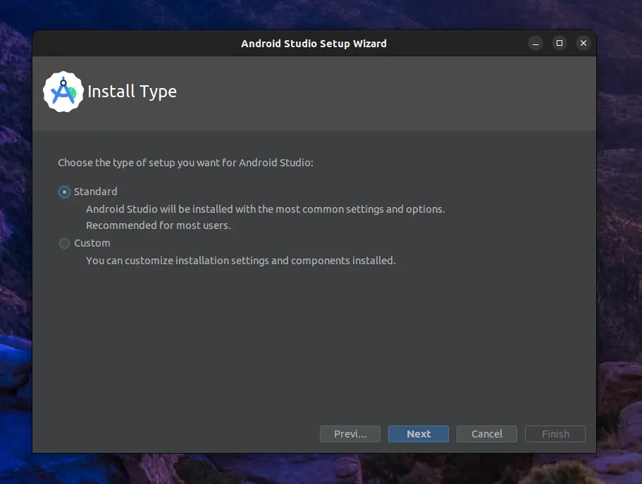Specifying the Android Studio setup type as Standard