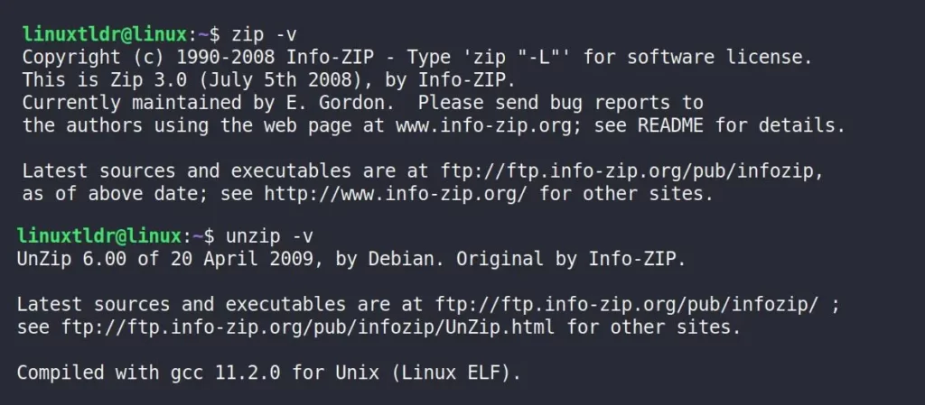 Verify the zip and unzip installations