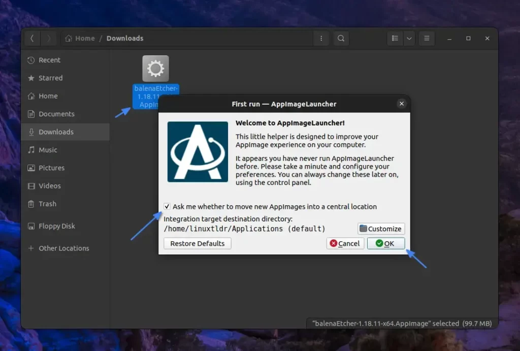 Adding AppImage shortcut to system menu via AppImage Launcher
