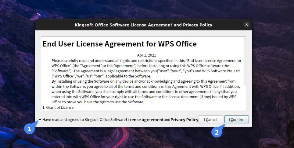 Agreeing to WPS Office license agreement
