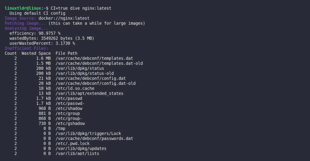 Display the waste files that occupy unnecessary space in docker image