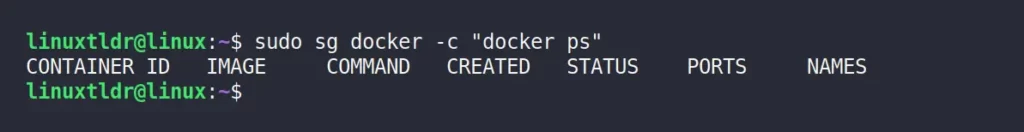 Running docker command under docker group privileges using sg command