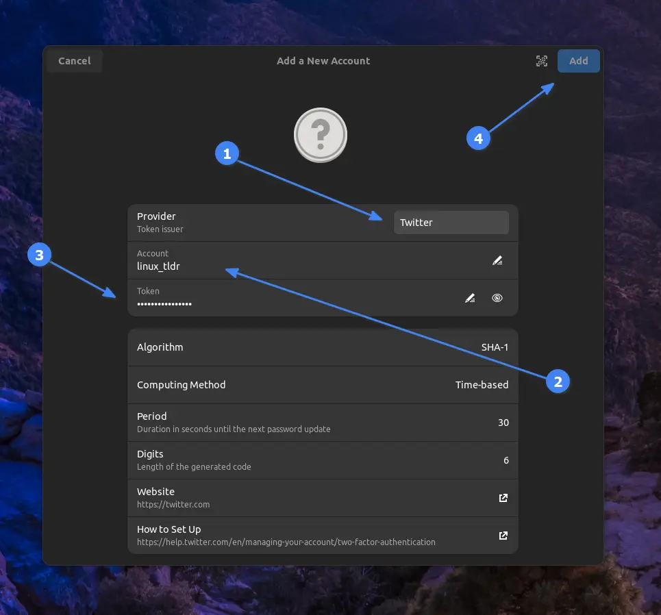 adding a twitter account on authenticator