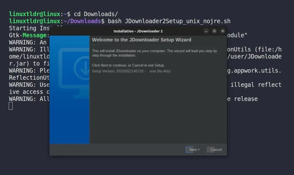 JDownloader installation window
