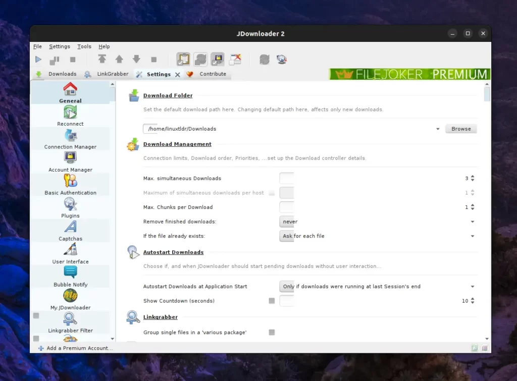 JDownloader settings window