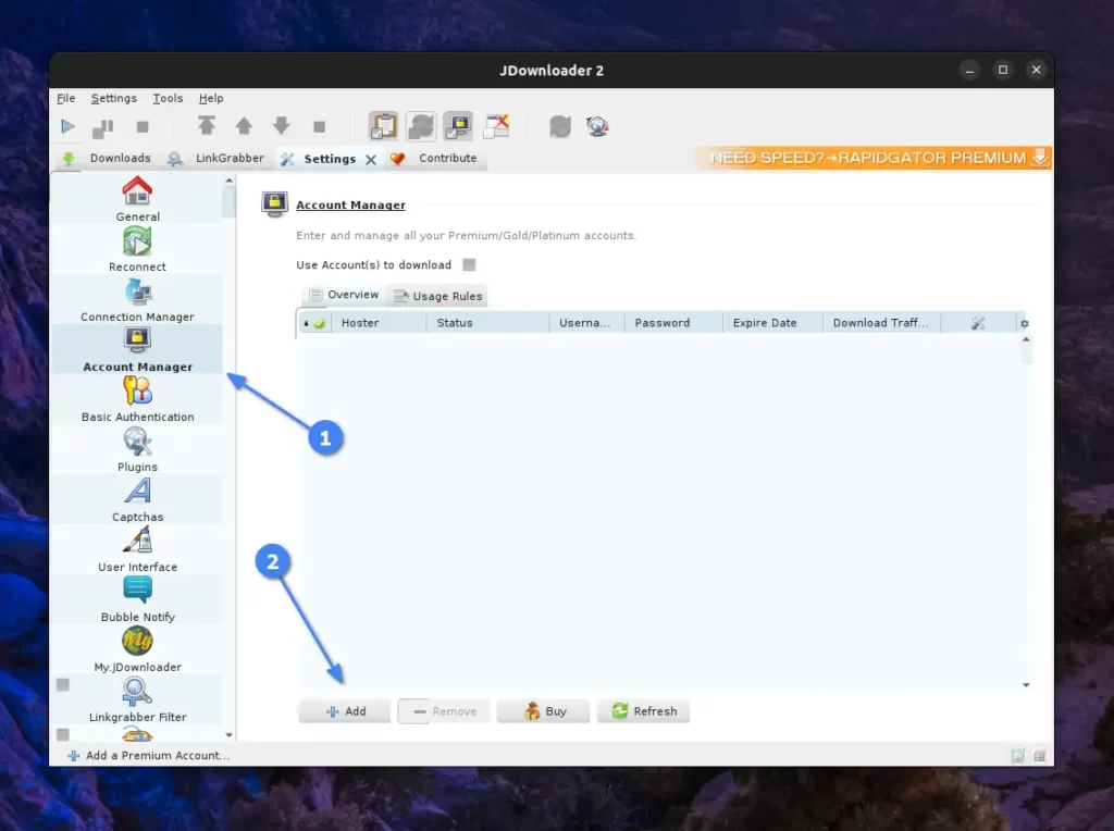 adding premium account in JDownloader