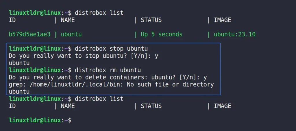 stopping and removing the distrobox container