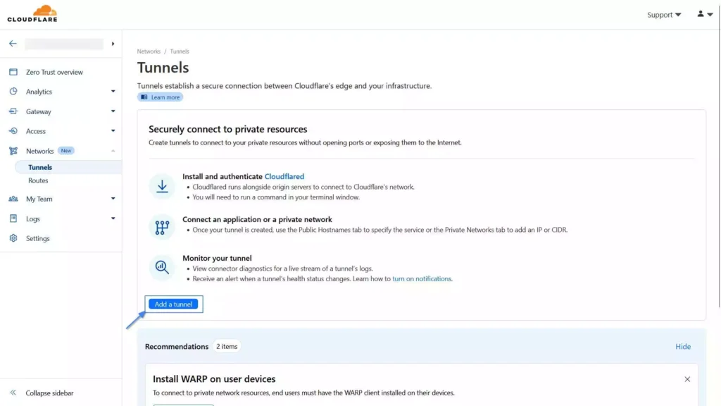 tunnel page in cloudflare zero trust
