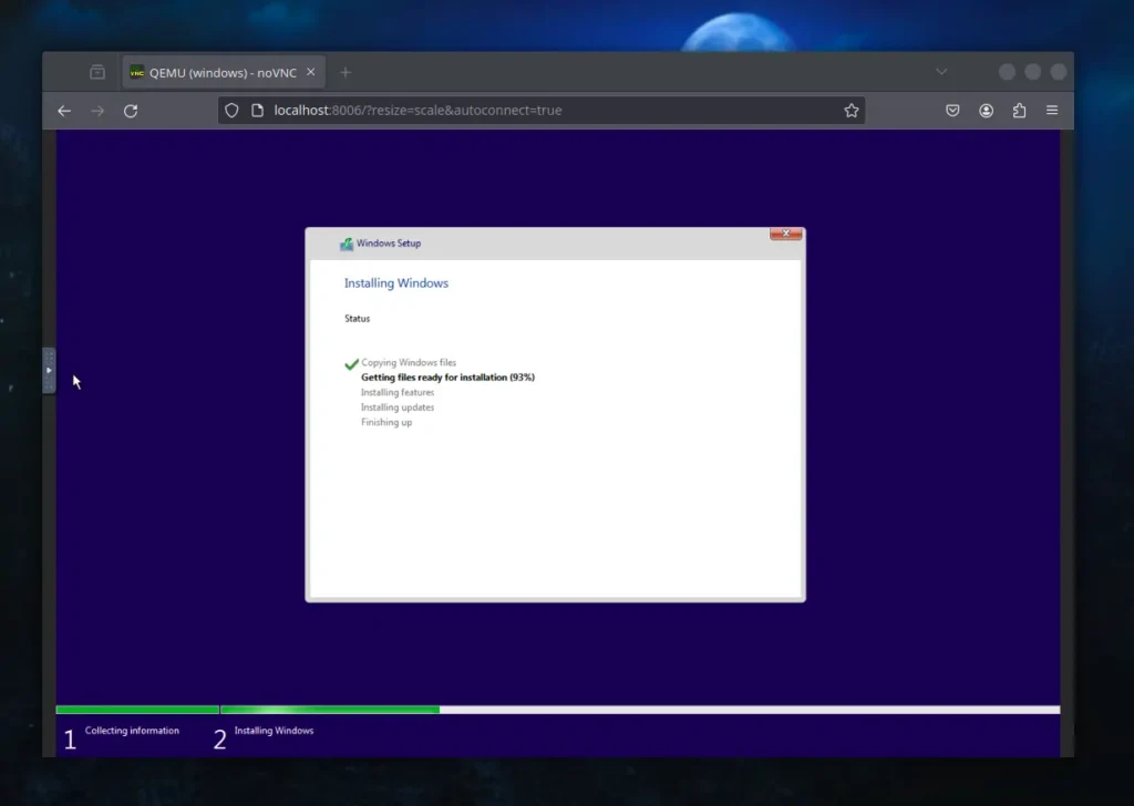 windows 11 is installed in docker container