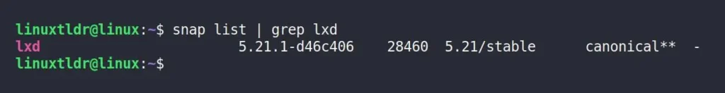 check lxd in snap list