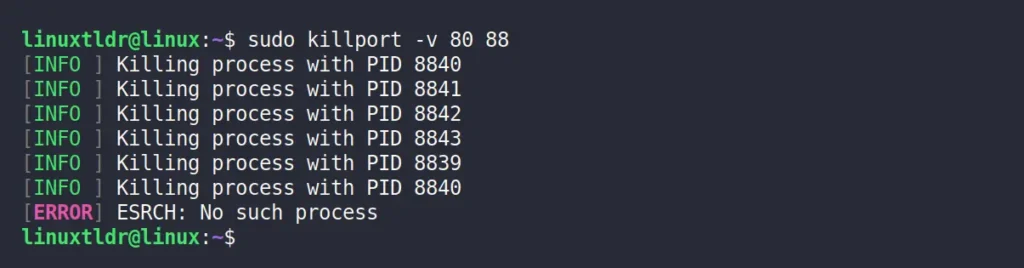 enabling verbose mode in killport