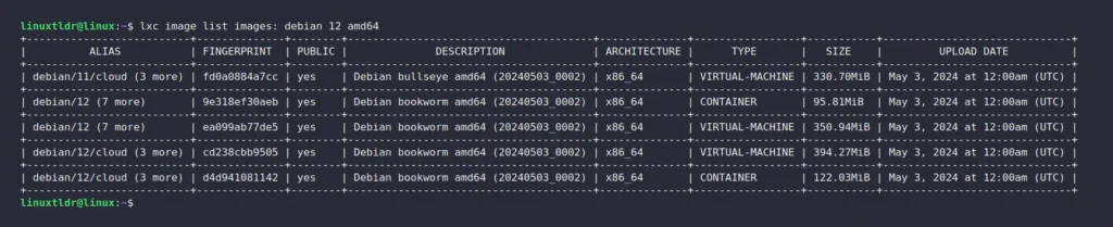 list debian images in lxd remote server