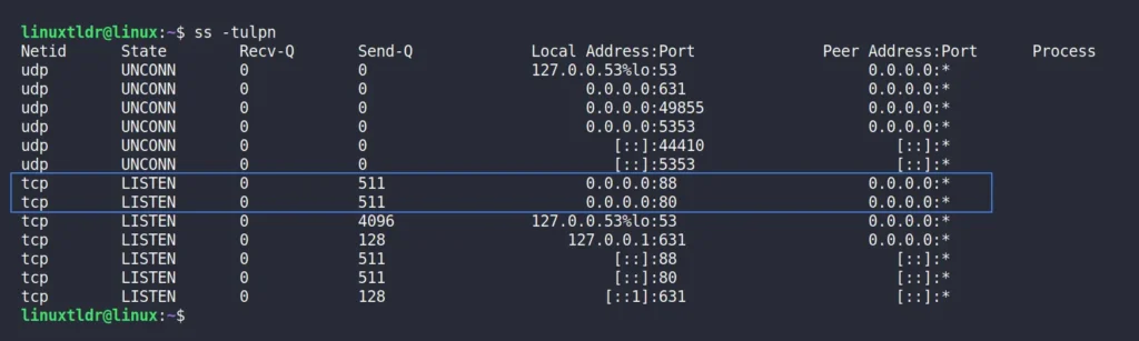 listing open ports linux