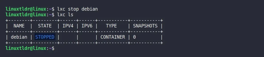 stop lxd container