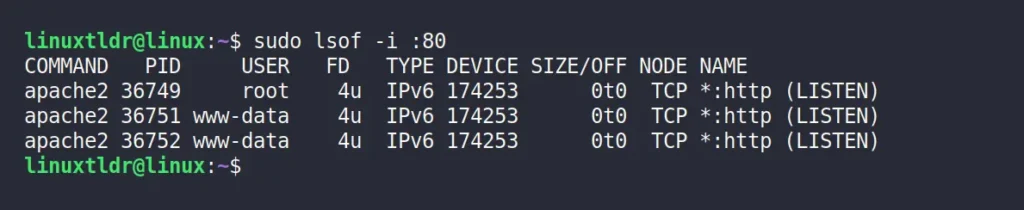 list process name and PID of particular port